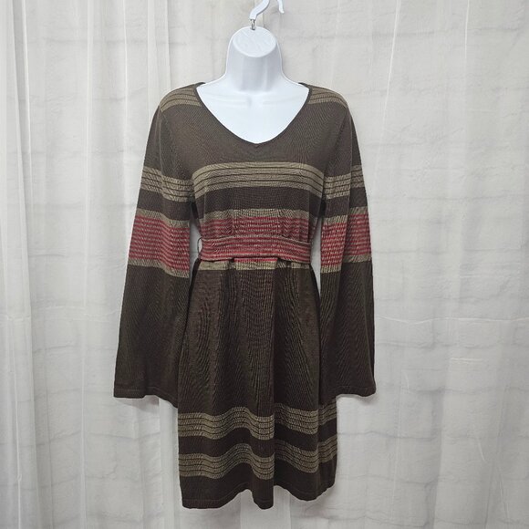 Prana Brown Red Striped Knit Dress Belted Boho Festival Hippie M - Picture 1 of 13